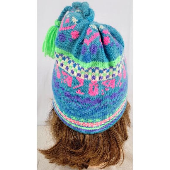 Vintage Murray Markley Wool Knit Ski Hat Neon Tassel Beanie Canada 80s 90s - Picture 3 of 9